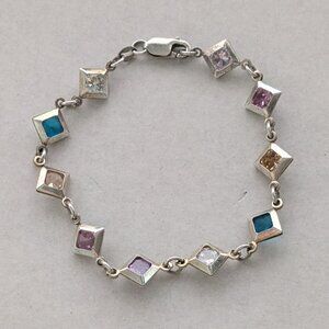 925 Sterling Silver Multi Color Stone Square Diamond Shape Links Bracelet